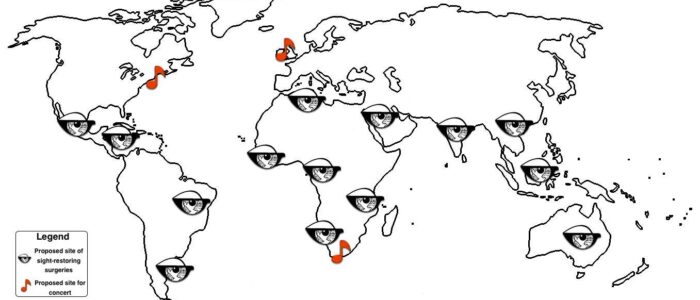 A map of proposed sites for concerts and sight-restoring surgeries.